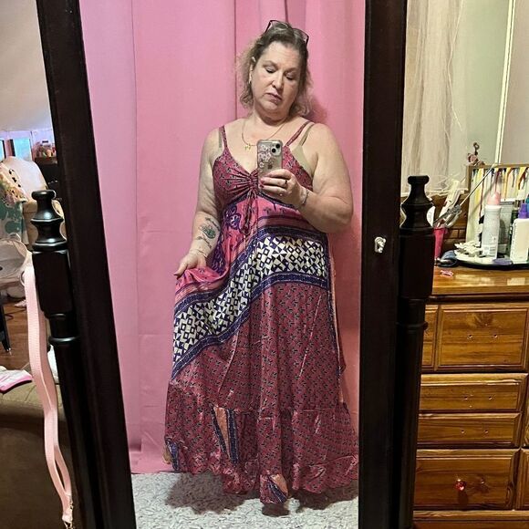 NEW Silk Summer Dress Maxi Gorgeous Full Skirt Pink Purple Floral NEW - Picture 3 of 13